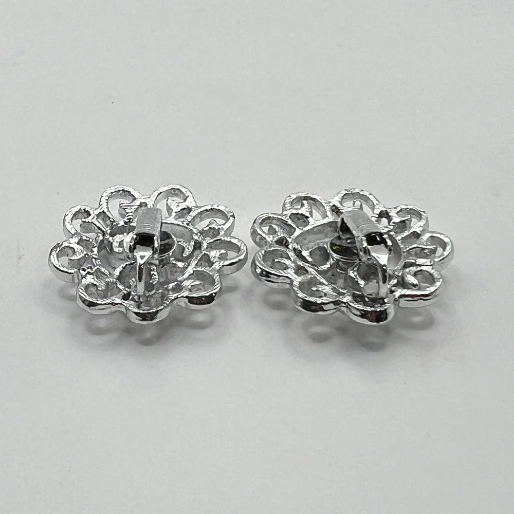 Vintage Sarah Coventry Clip On‎ Earrings Brushed Open Metal Work Silver Tone